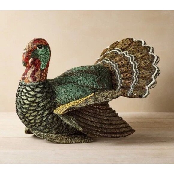 16"x15" Beaded Turkey Novelty Plush Pillow - John Derian 2024 NWT - Picture 1 of 9